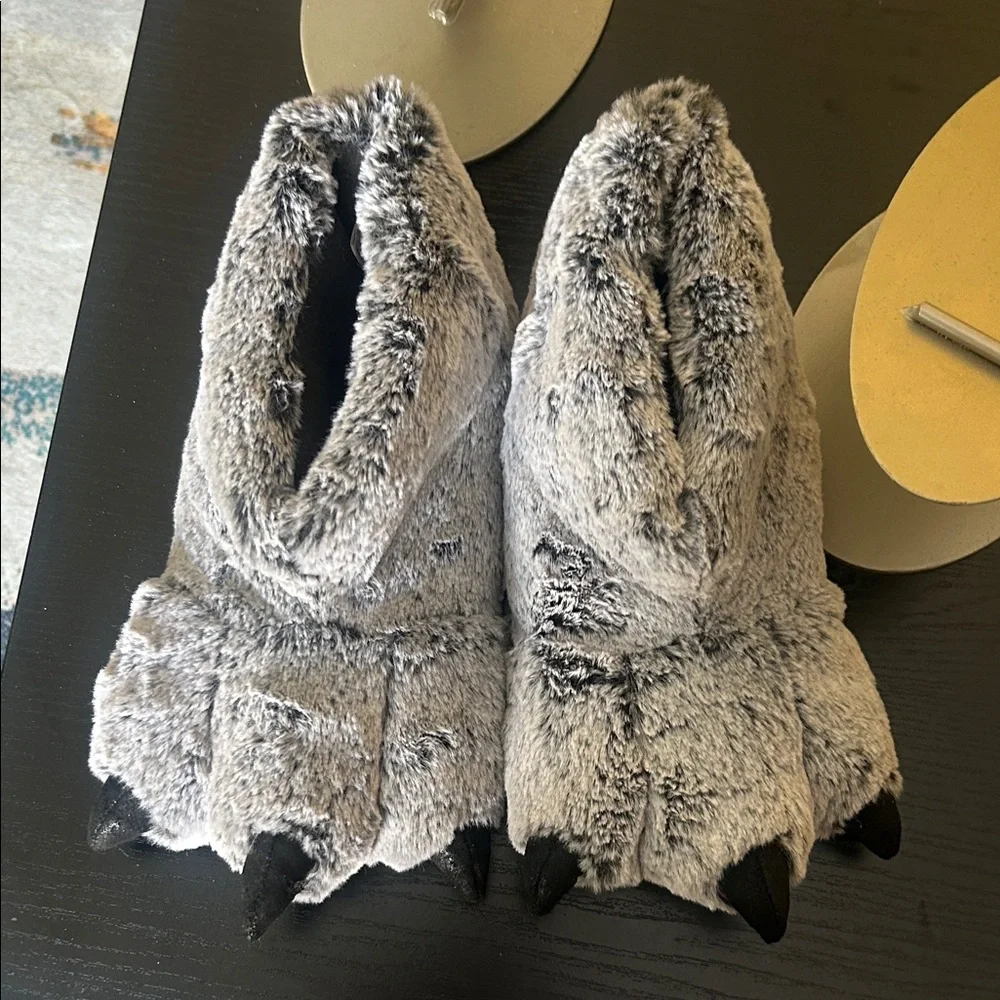 Gray Furry Monster Claw Slippers